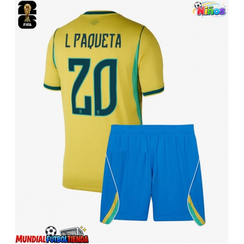 Camiseta Brasil Lucas Paqueta #20 Primera Equipación Replica Mundial 2026 para niños mangas cortas (+ Pantalones cortos)